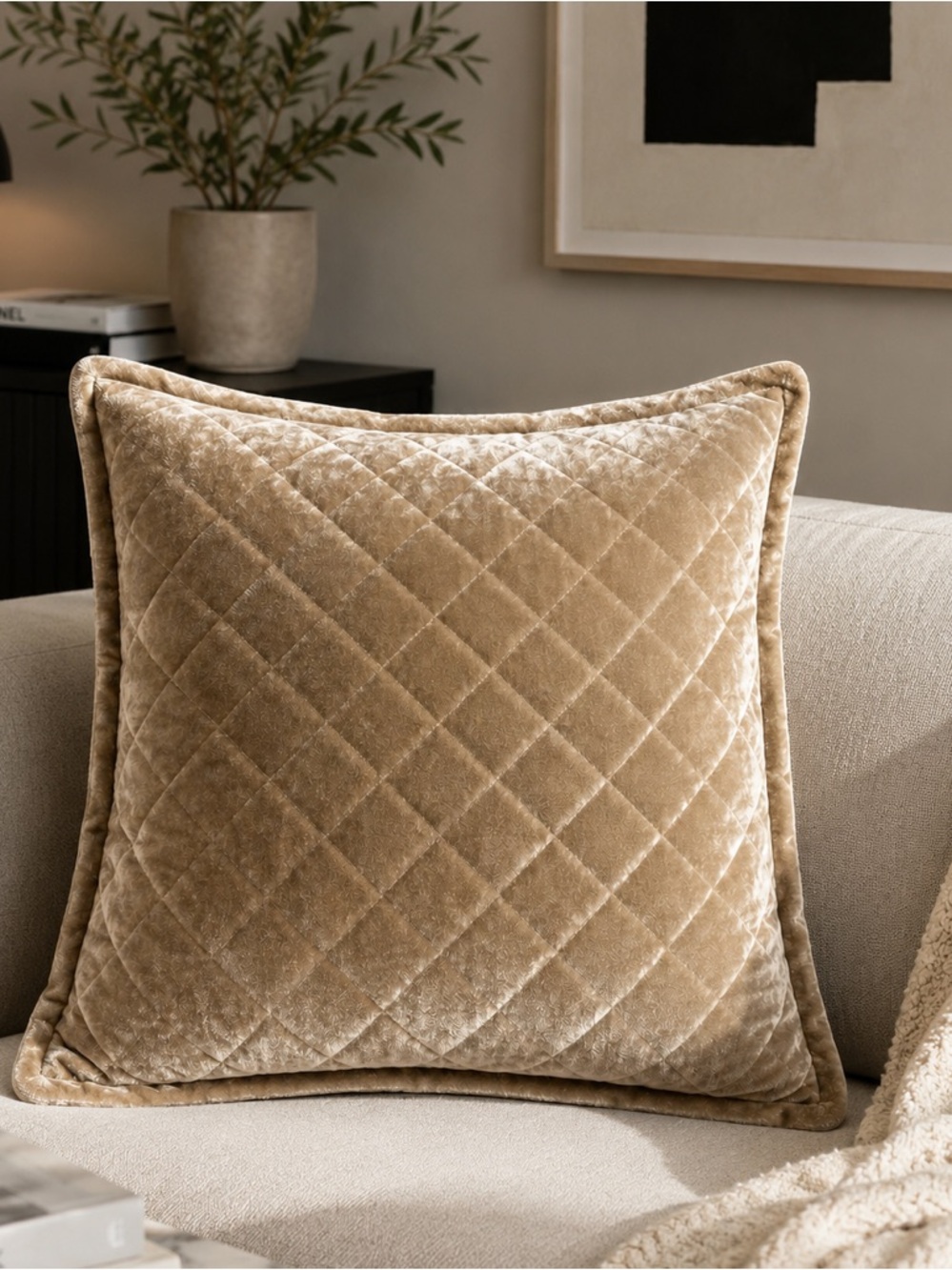 Lili Alessandra Champagne Quilted Velvet Euro Pillow Cover 26” Luxury Designer